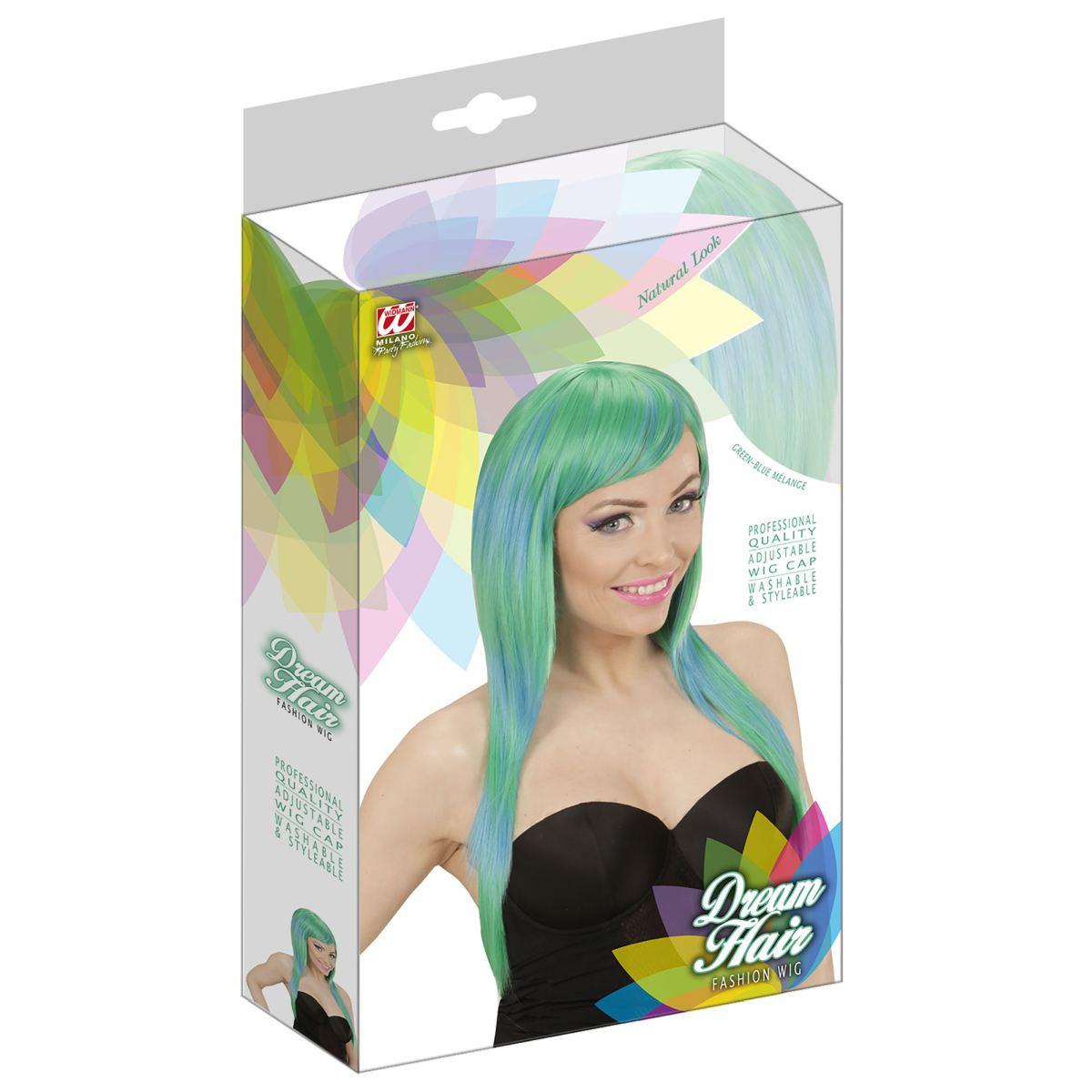 Parrucca Dream Verde Blu Melange Liscia con Frangia |Widmann