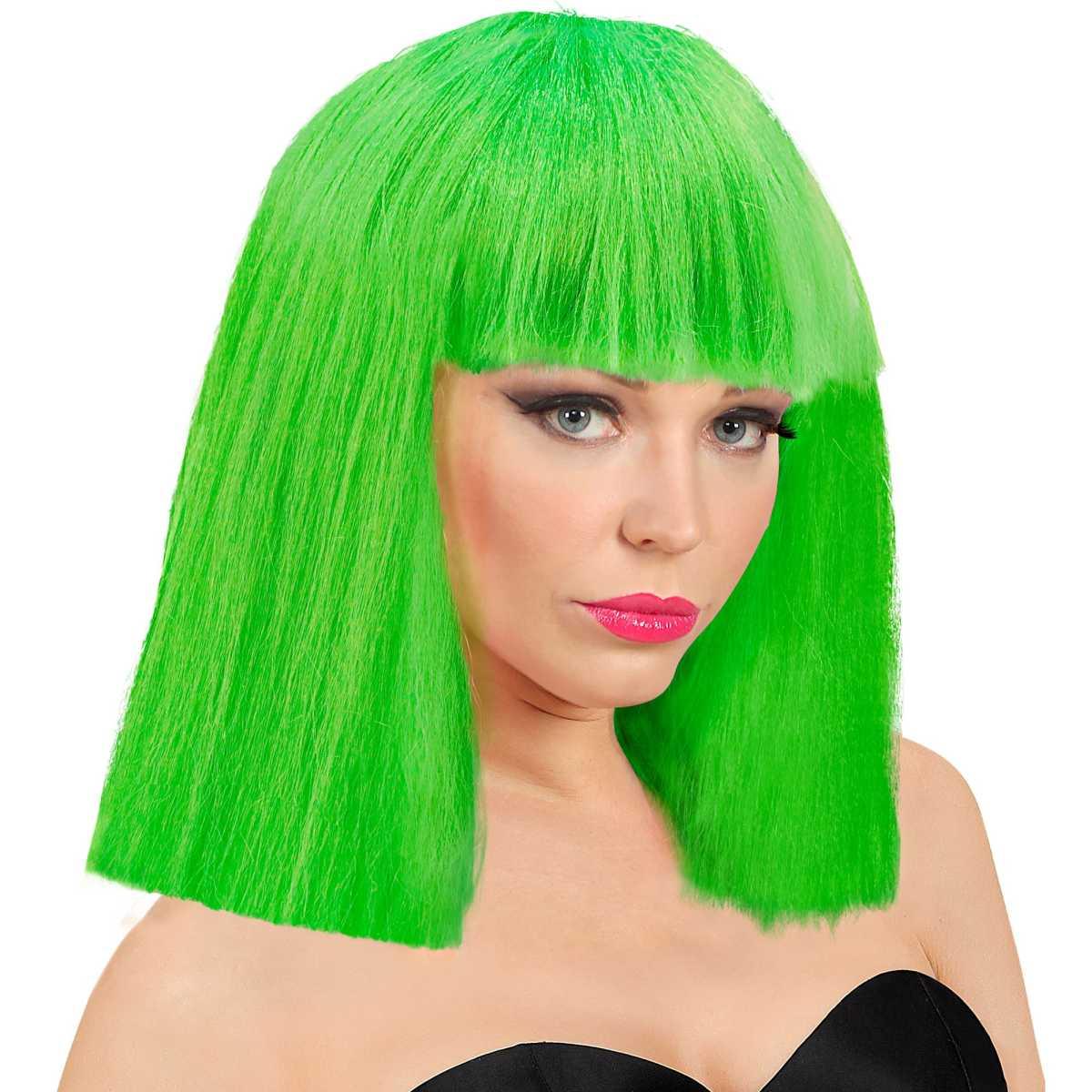 Parrucca Caschetto Verde Fluo Liscia con Frangia Show Girl |Widmann