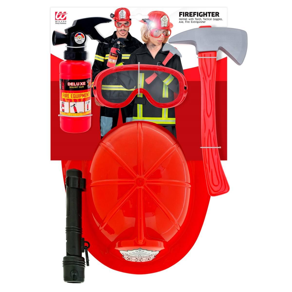 Pompiere Elmo con Occhiali Ascia Estintore Set pz.6 |Widmann
