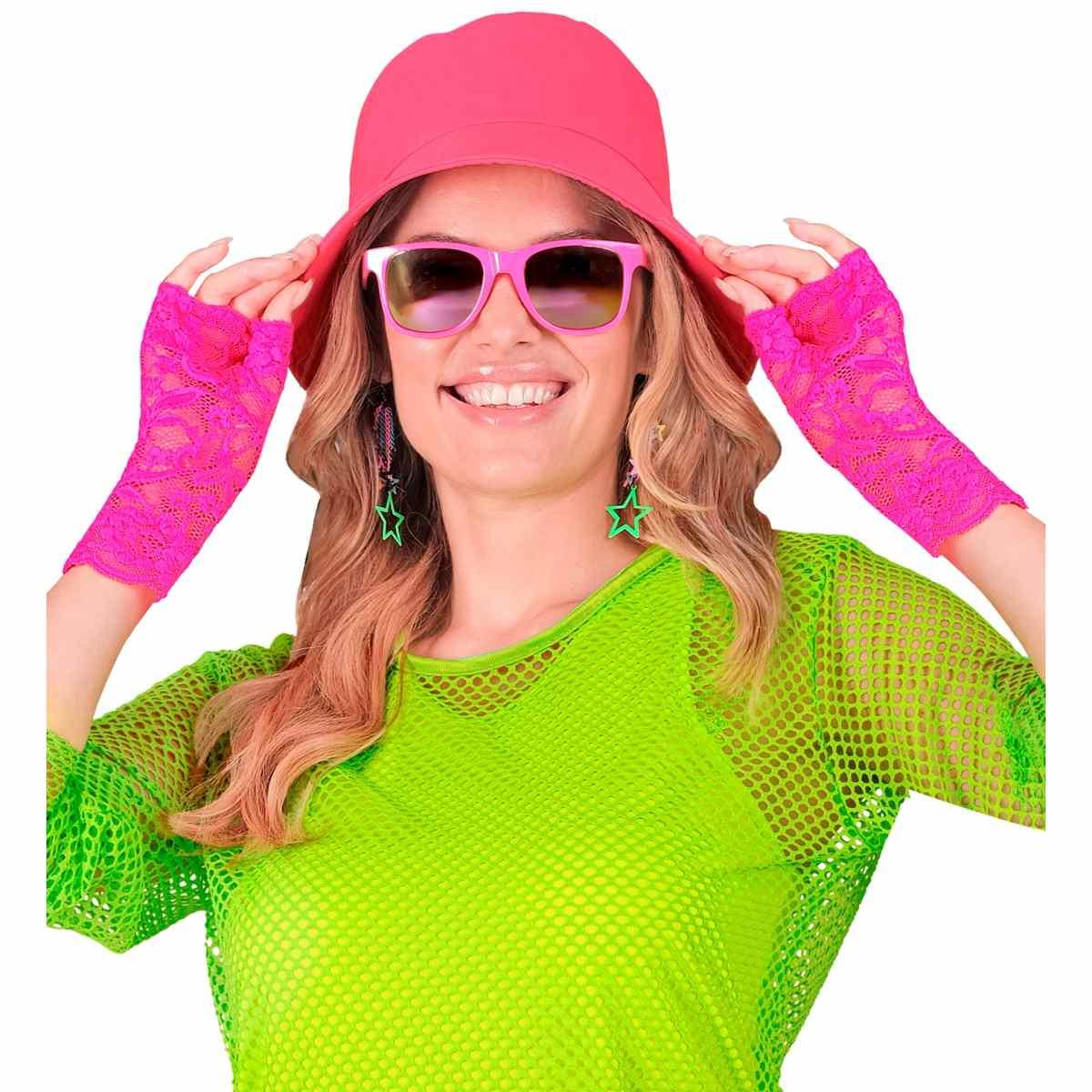 Guanti Corti Pizzo Rosa Fluo |Widmann