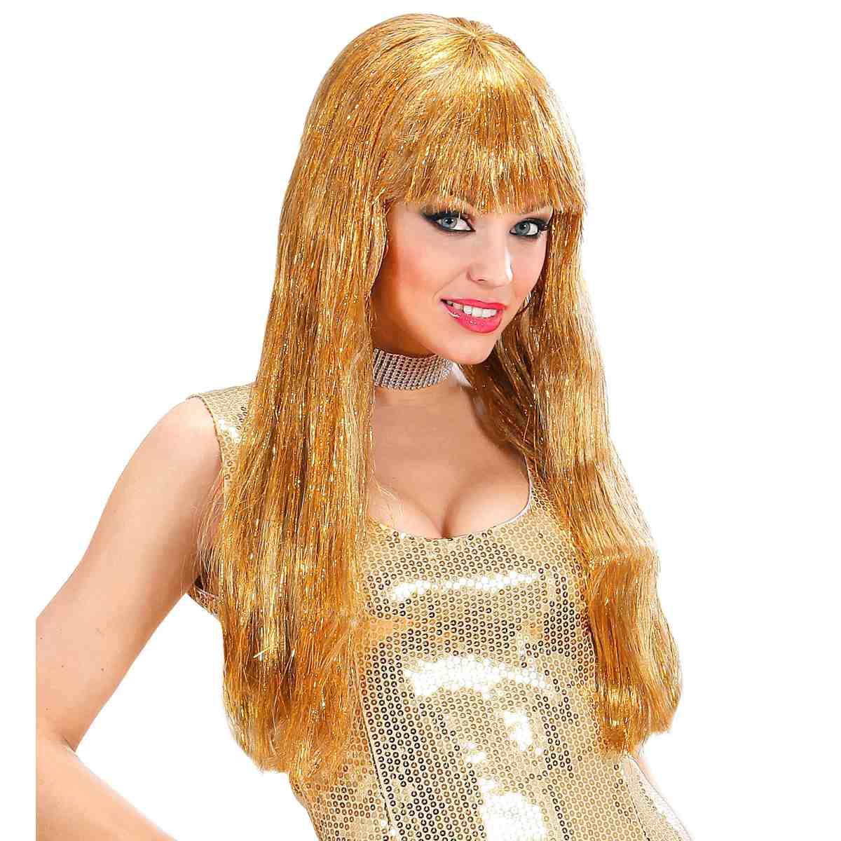 Parrucca Glitzy Oro Laminiata Liscia con Frangia |Widmann