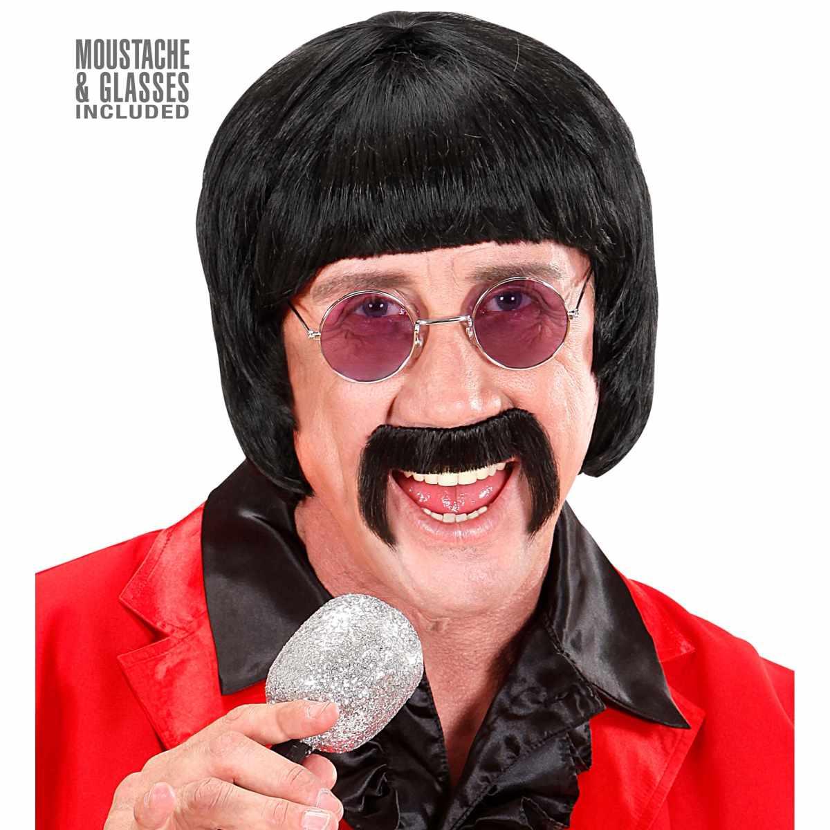 Parrucca Anni '60 Nera con Frangia Baffi e Occhiali |Widmann