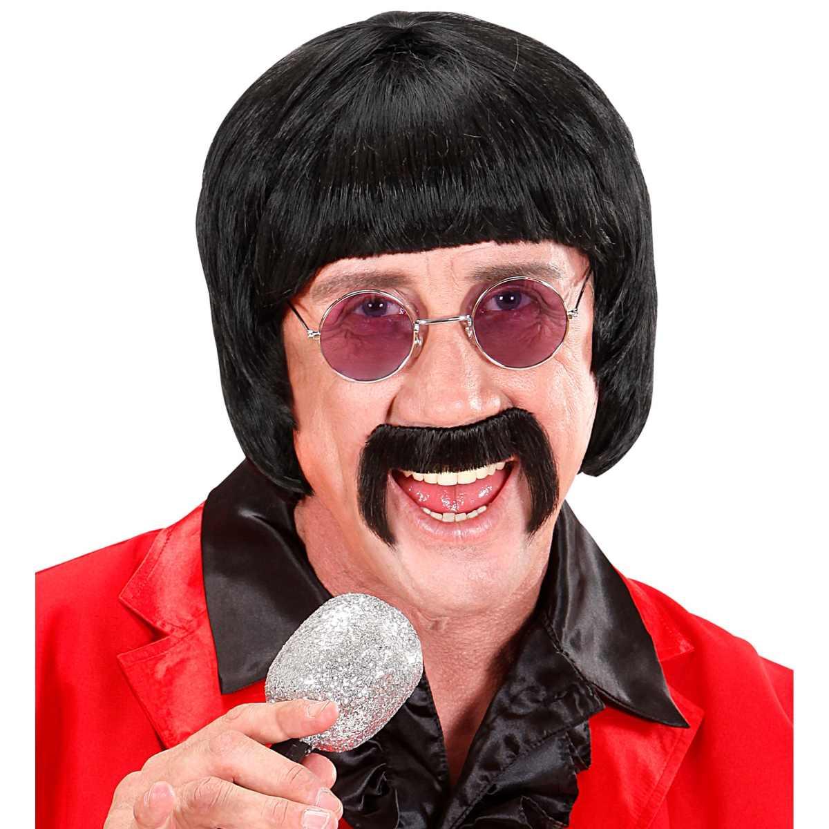 Parrucca Anni '60 Nera con Frangia Baffi e Occhiali |Widmann