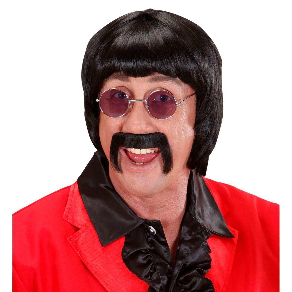 Parrucca Anni '60 Nera con Frangia Baffi e Occhiali |Widmann