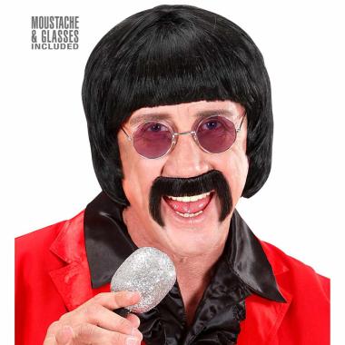 Parrucca Anni '60 Nera con Frangia Baffi e Occhiali |Widmann