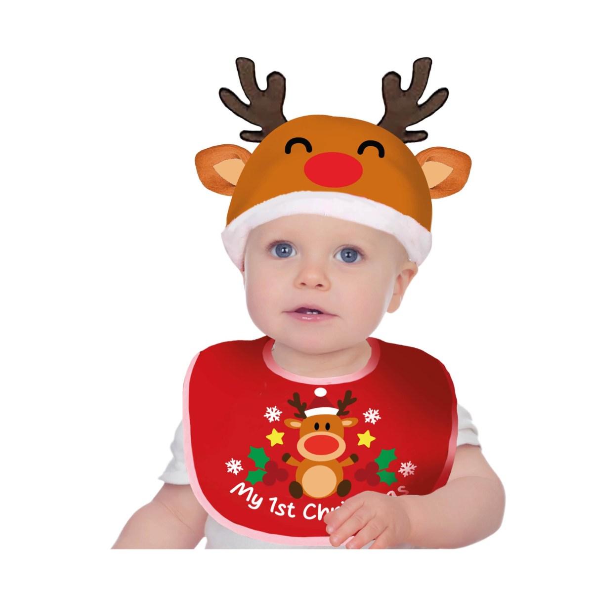 Bavaglino Set con Cappello Natalizio in Tessuto Renna | Guirca