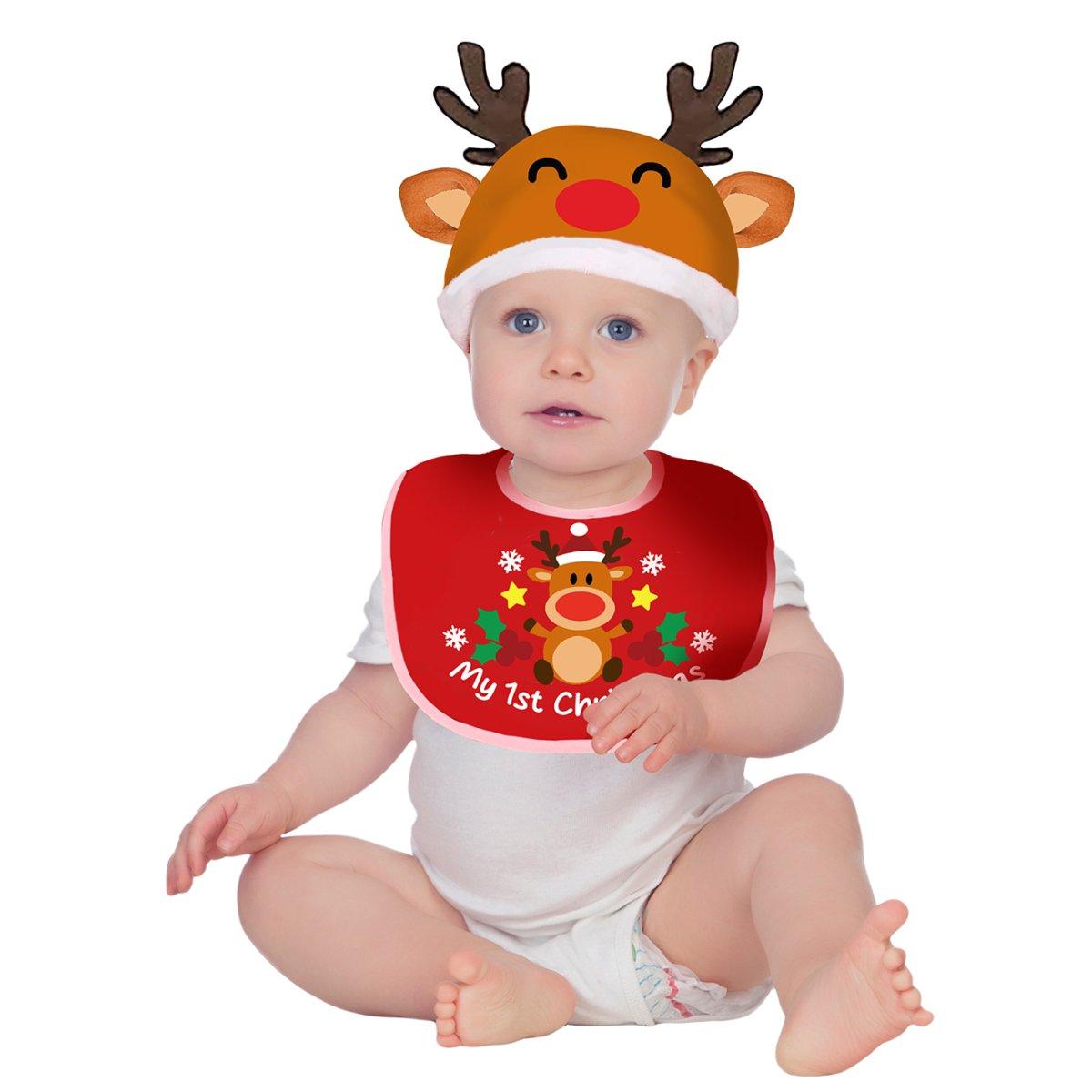 Bavaglino Set con Cappello Natalizio in Tessuto Renna | Guirca