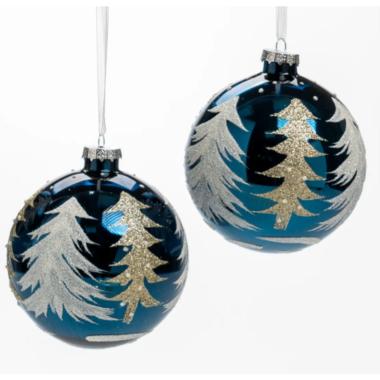 Pallina Natale Vetro cm.Ã˜12 Blu con Albero Oro |Silani_525