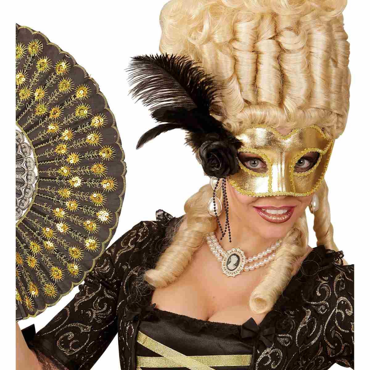 Maschera Viso PVC Veneziana Oro con Piuma e Rosa Nera|_862