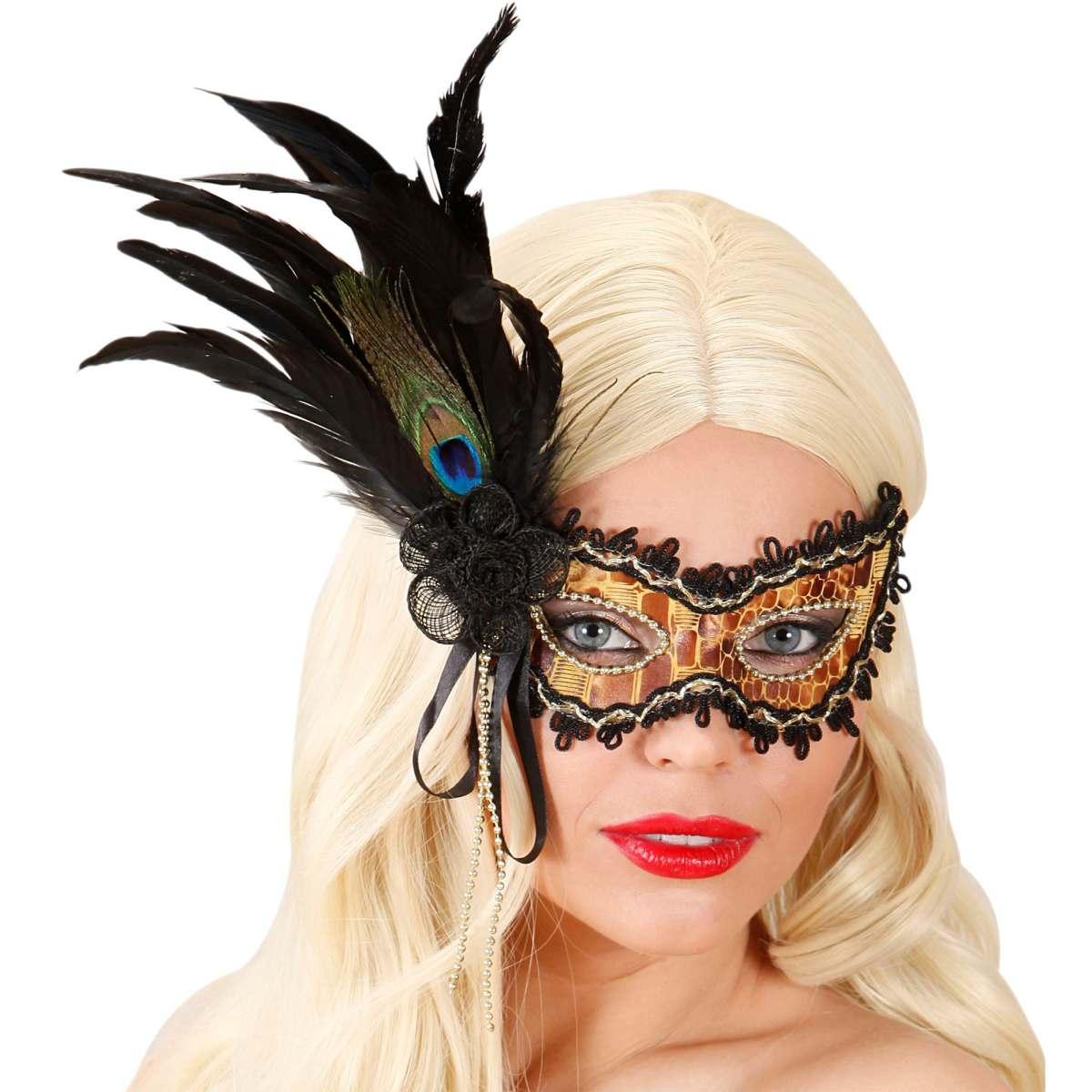 Maschera Viso PVC Veneziana Oro Tartaruga con Piuma e Rosa |_404