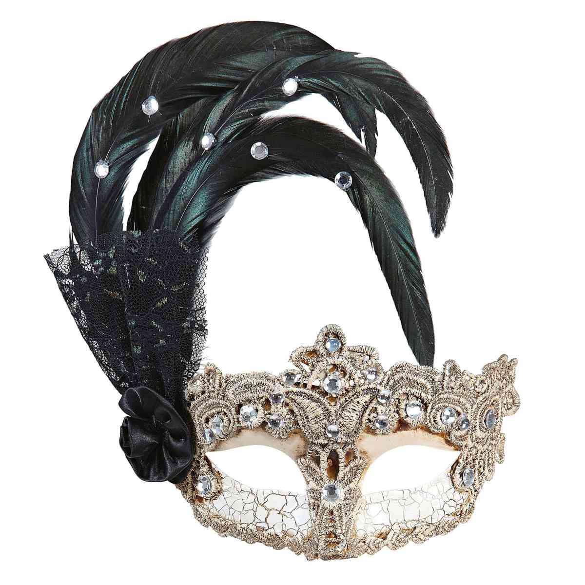Maschera Viso PVC Veneziana Oro con Piuma Macrame|_215