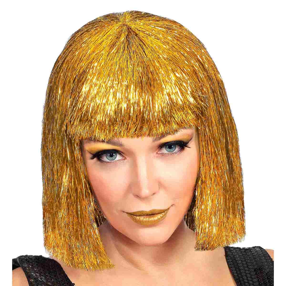 Parrucca Caschetto Glitzy Oro Laminiata Liscia con Frangia |_085