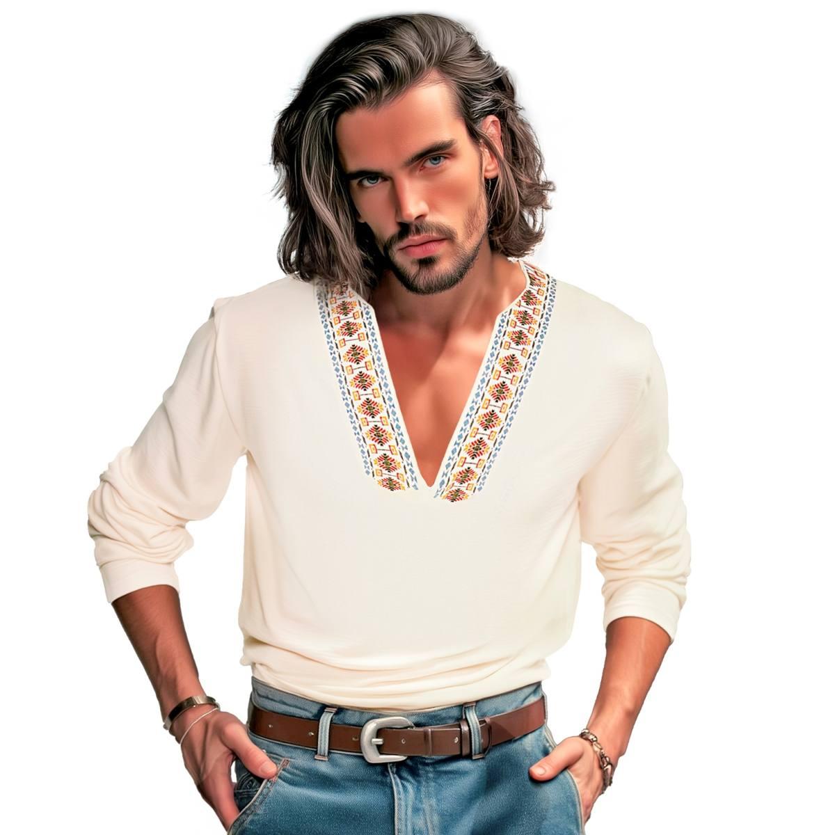 Camicia Hippie Beige con Ricami |Uomo_TN_09995