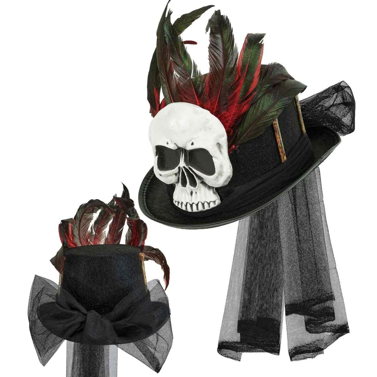 Cappello Cilindro Nero Voodoo Teschio e Piume |_895