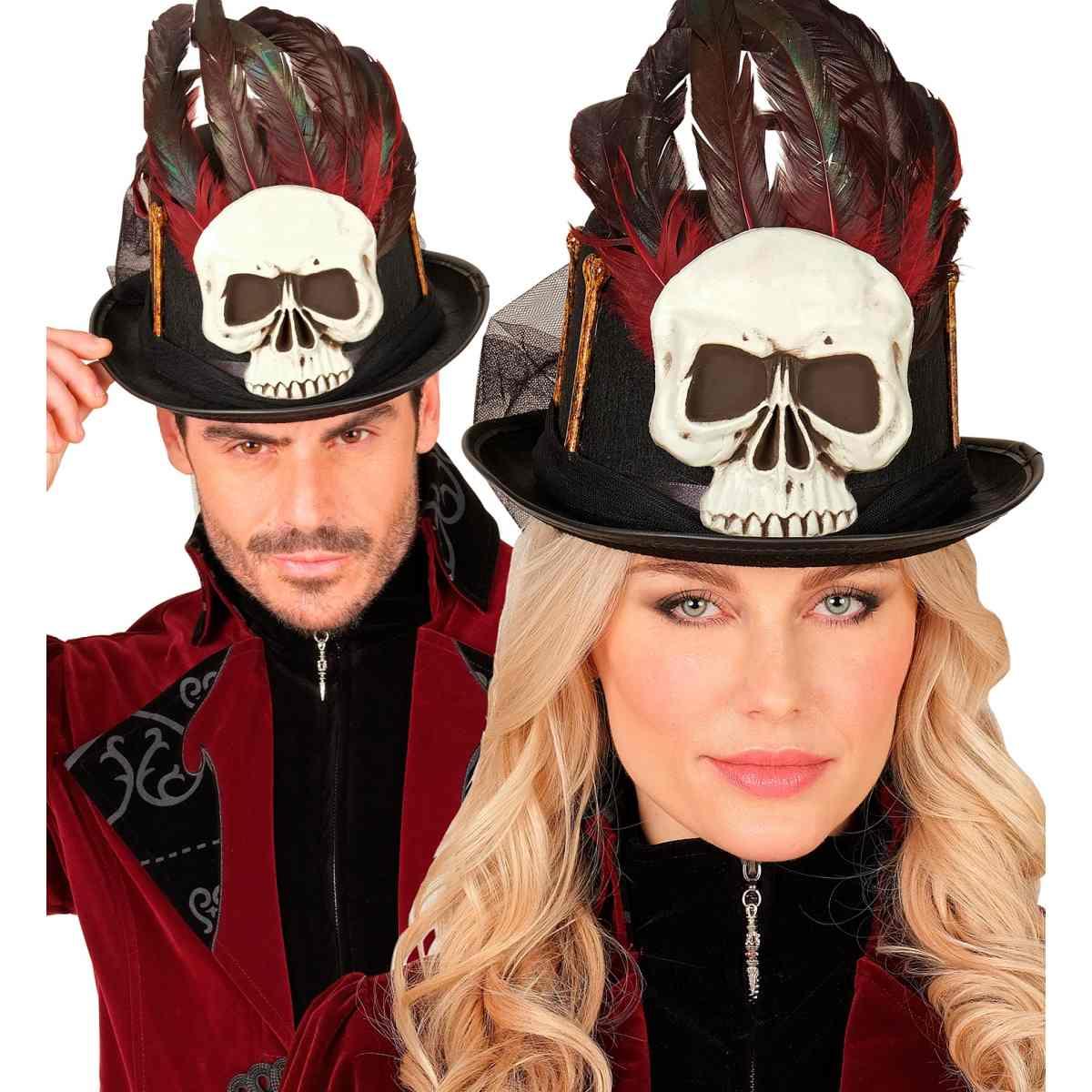 Cappello Cilindro Nero Voodoo Teschio e Piume |_895