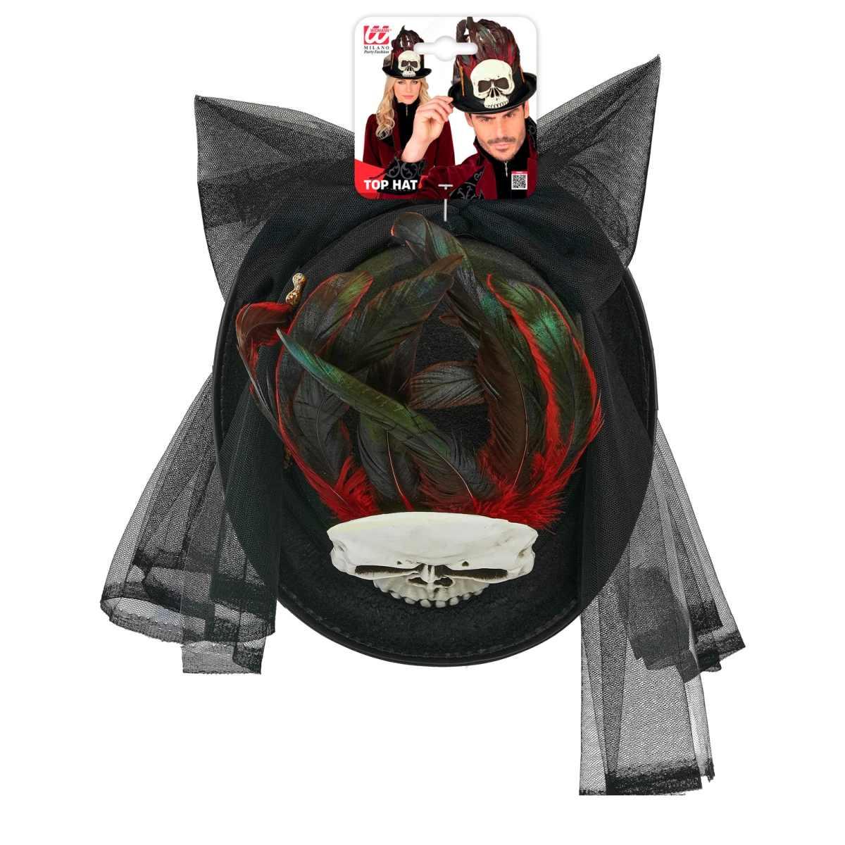 Cappello Cilindro Nero Voodoo Teschio e Piume |_895
