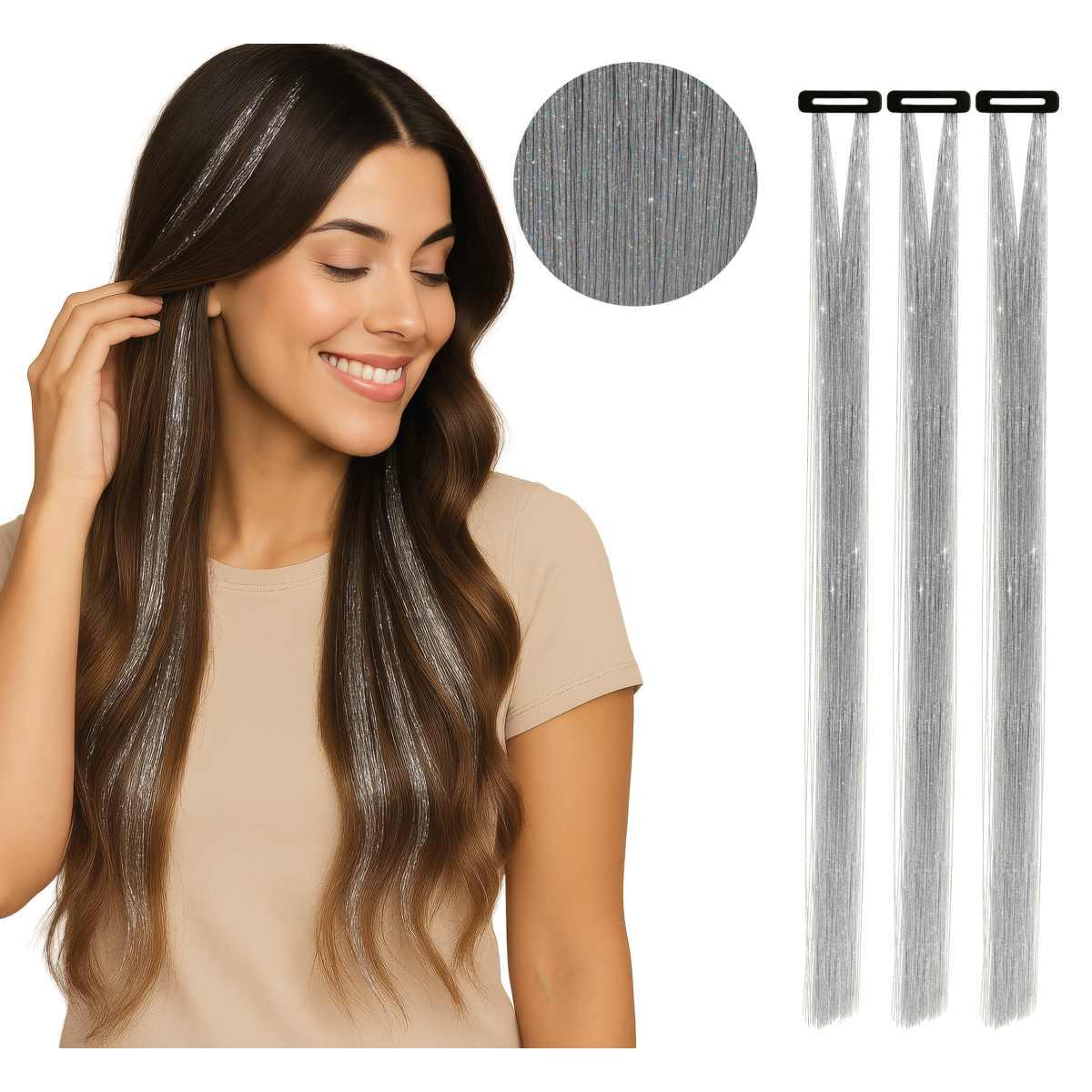 Estensione Capelli con Argento Glitter cm.50 pz.3|_677