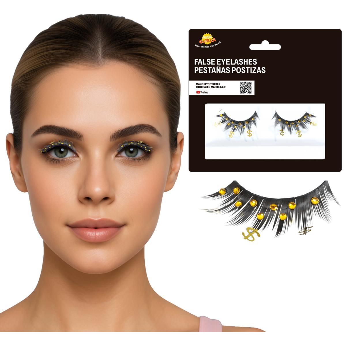Trucco Ciglia Nere con Dollaro e Strass Oro |_948