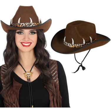 Cappello Cowboy Feltro Marrone con Cordincino e Ossa |_589