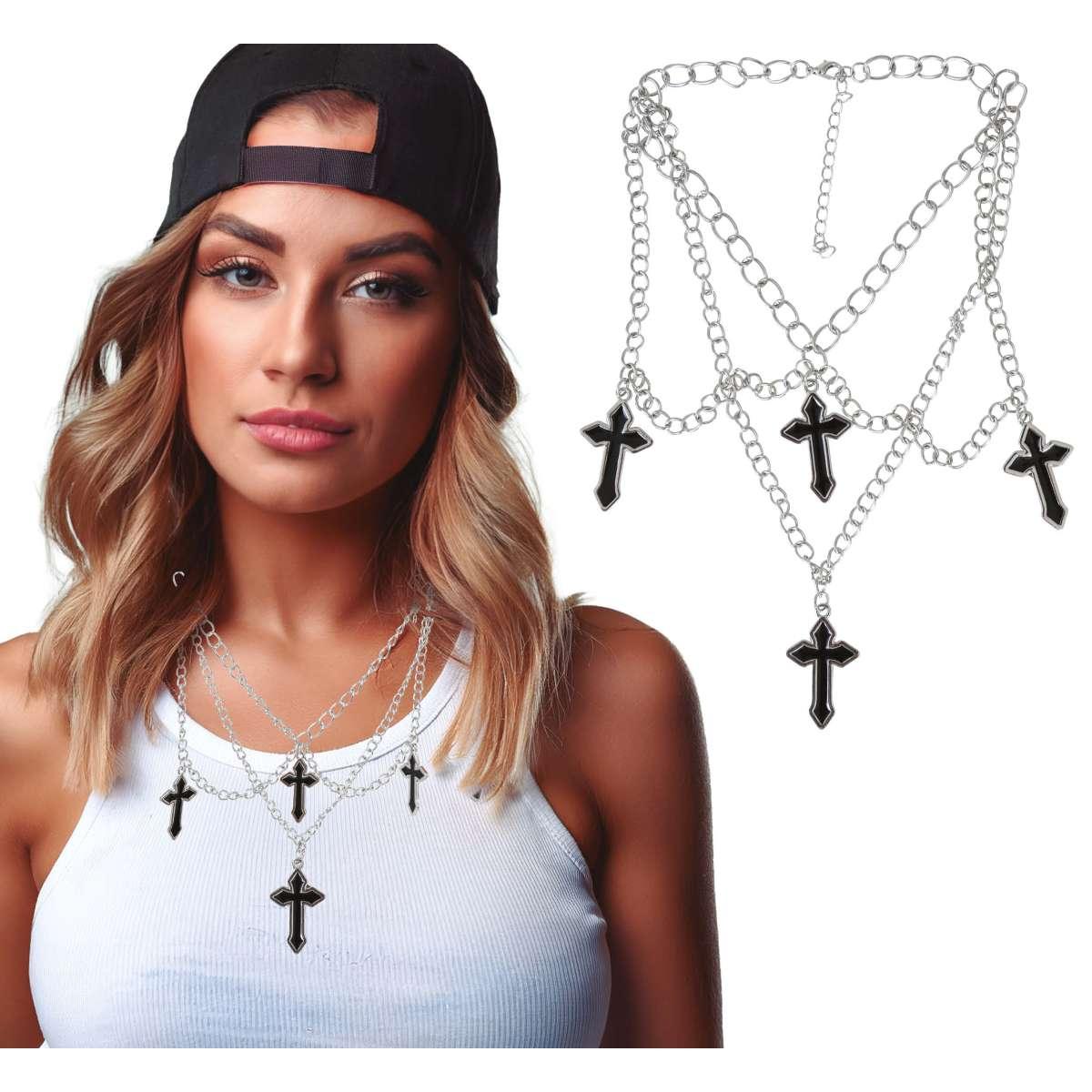 Collana Metallo con 4 Croci Nere |_934