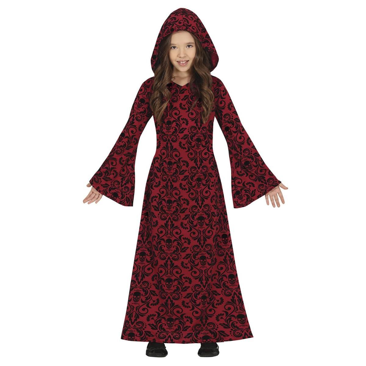 Costume Strega Tunica Con Cappuccio Rossa con Teschi Bambina
