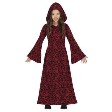 Costume Strega Tunica Con Cappuccio Rossa con Teschi Bambina
