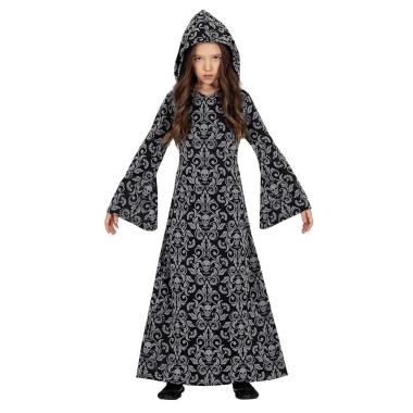Costume Strega Tunica Con Cappuccio Grigia con Teschi Bambina