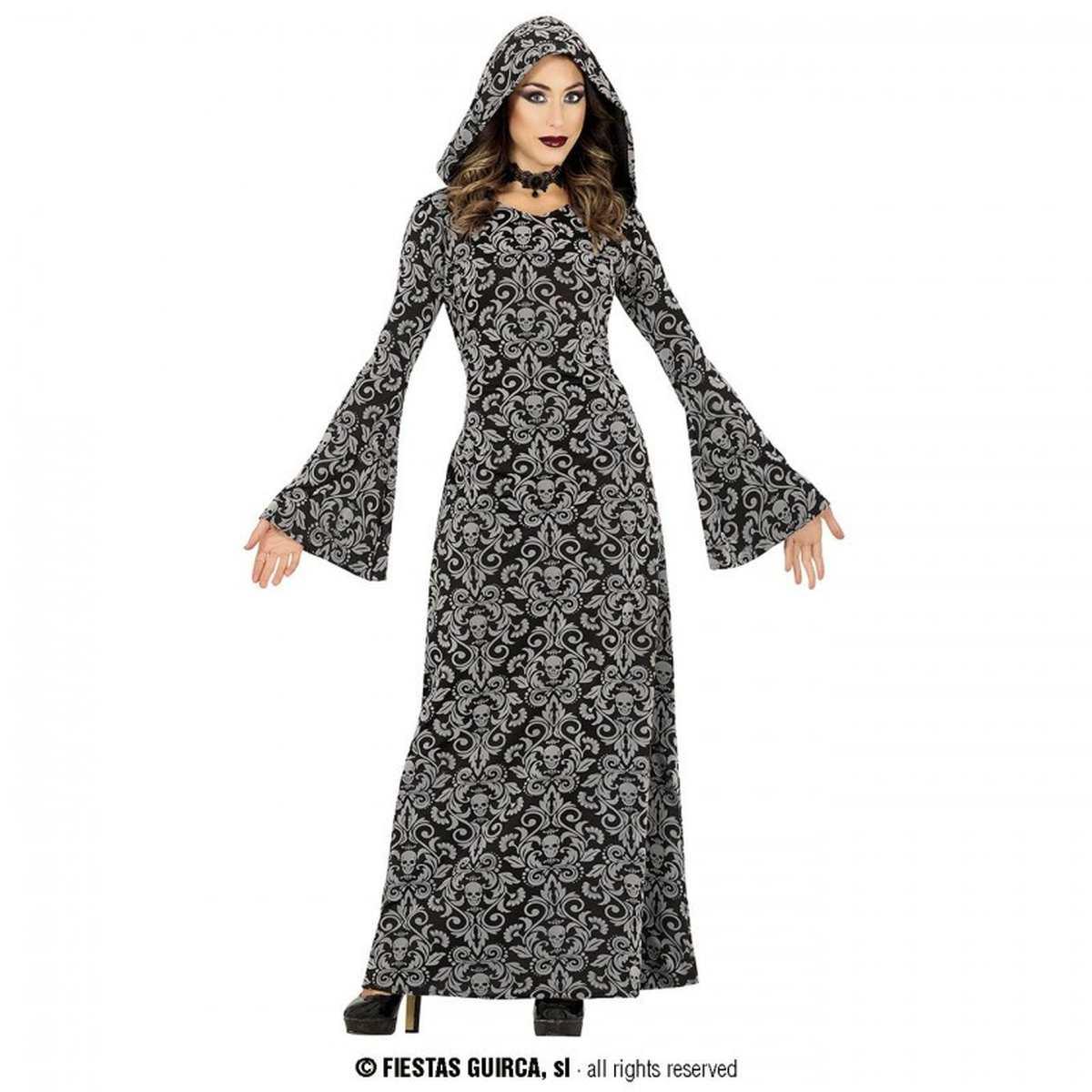 Costume Strega Tunica Con Cappuccio Grigia con Teschi |Donna