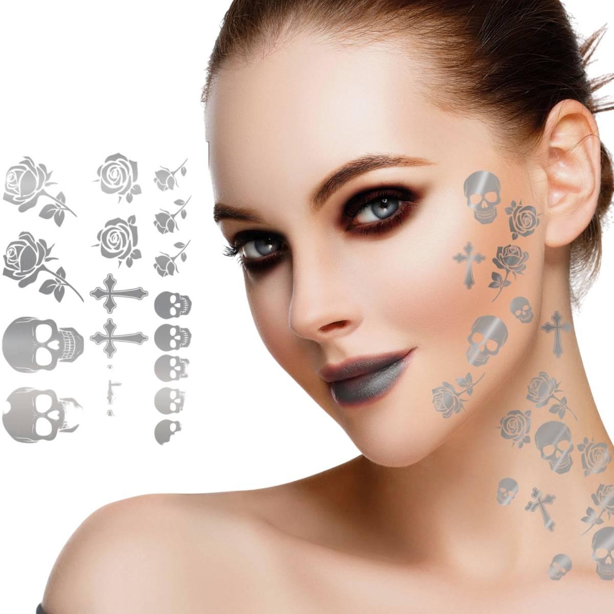 Tatuaggi viso rimovibili teschi rose croci argento
