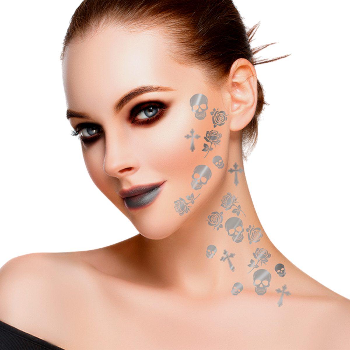 Tatuaggi viso rimovibili teschi rose croci argento