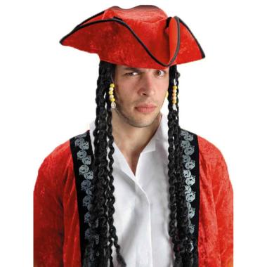 Cappello Tricorno Pirata Rosso con Capelli