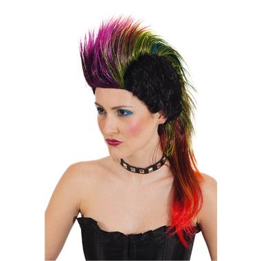 Parrucca Punk Rock Nera Liscia e Lunga con Cresta Multicolor