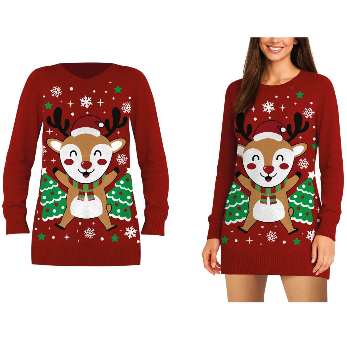 Maglione natale bordeaux lungo renna