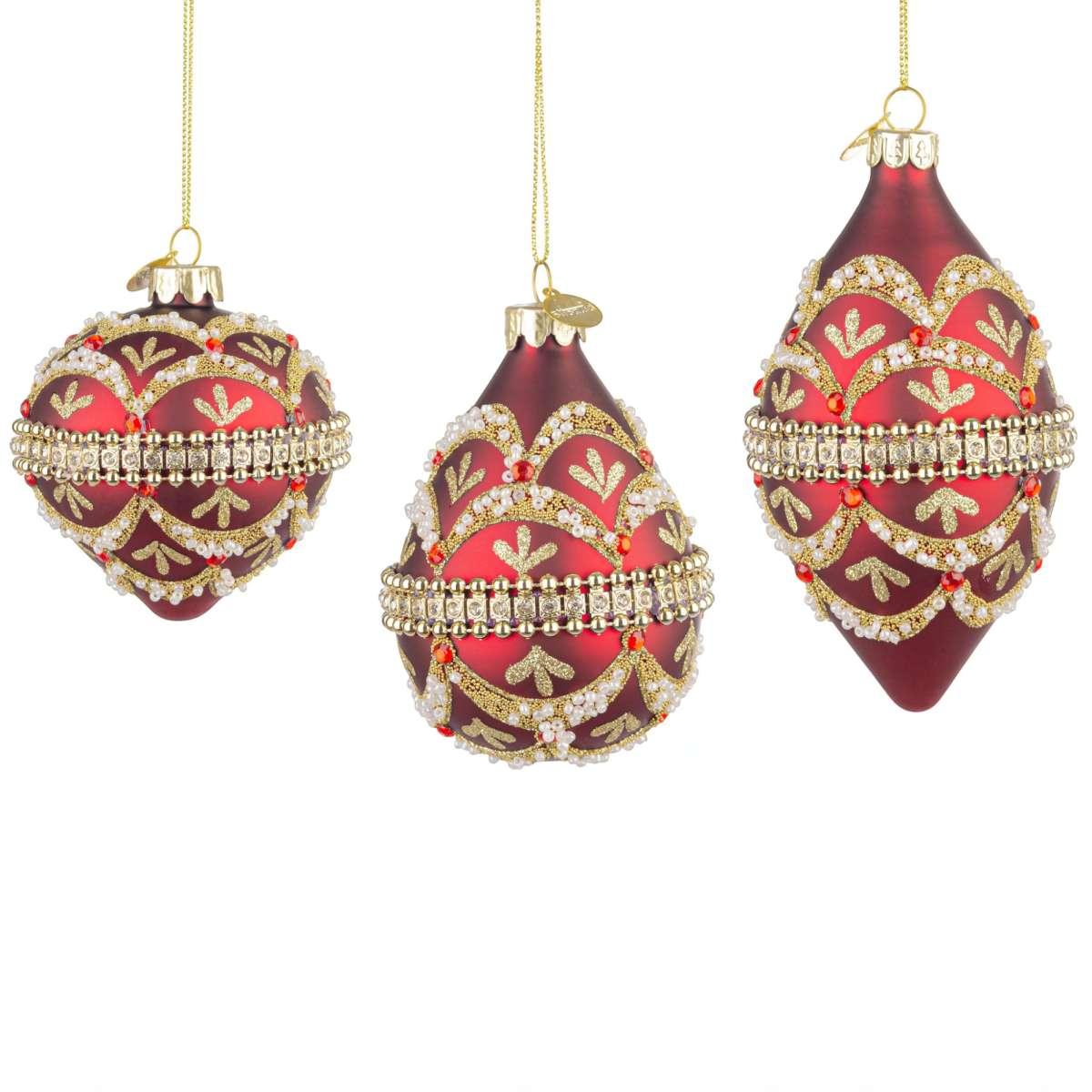 Pallina di Natale in vetro goccia rossa rossa glitter oro 13 cm