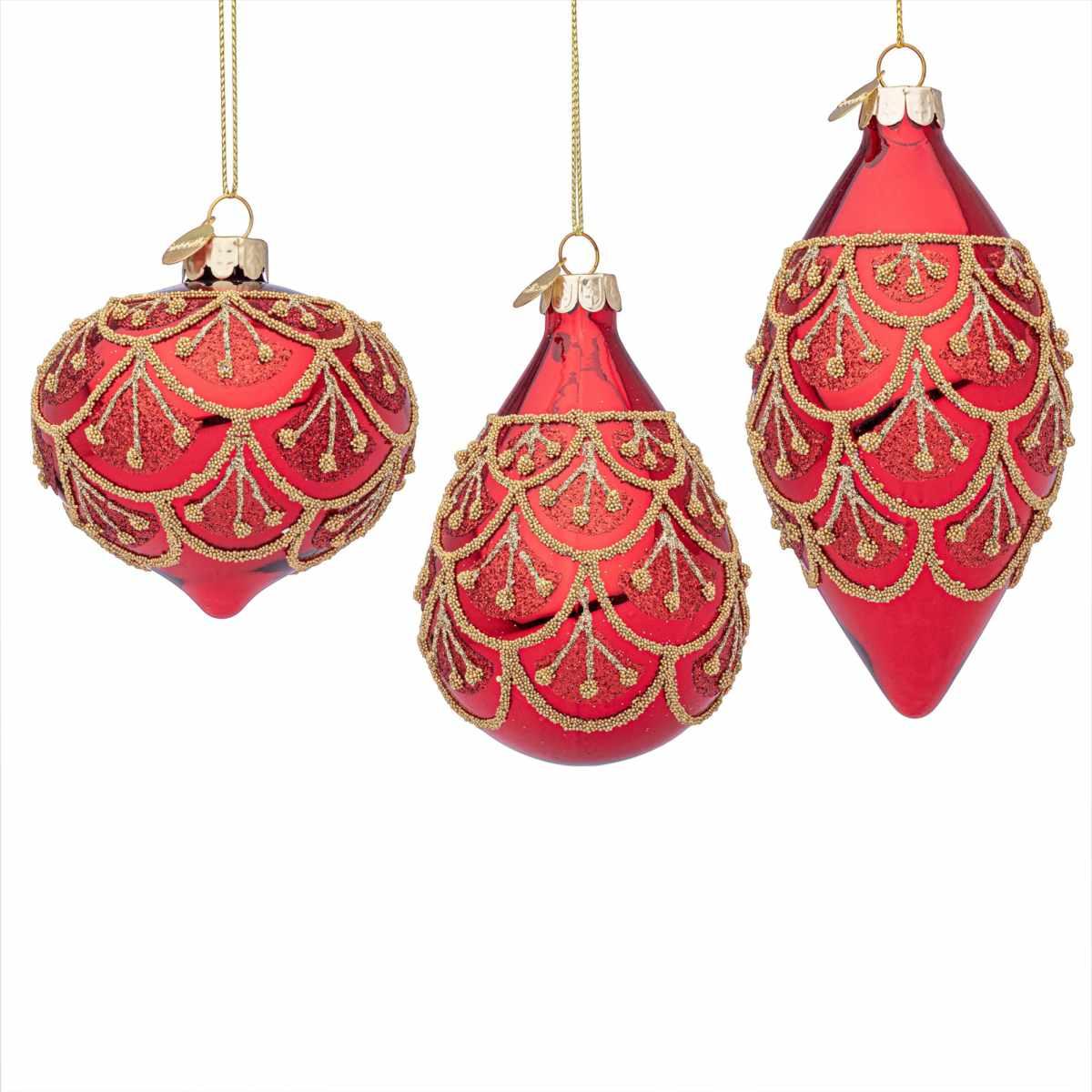 Pallina di Natale in vetro goccia rosso glitter oro 10 cm