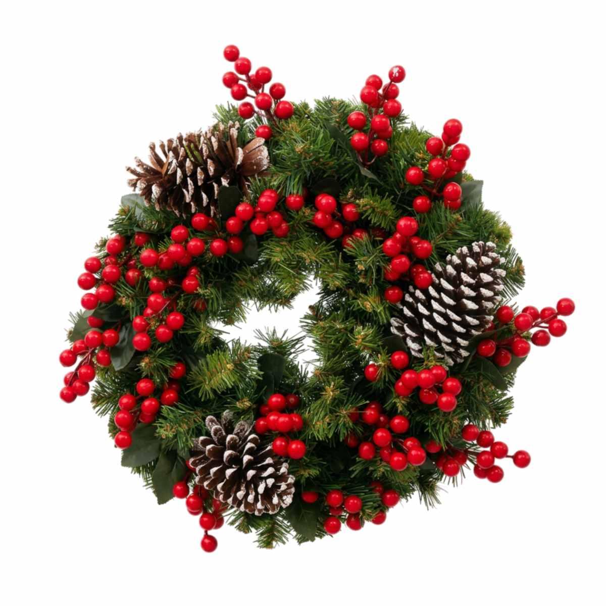 Ghirlanda natalizia tonda verde bacche rosse e pigne 40 cm