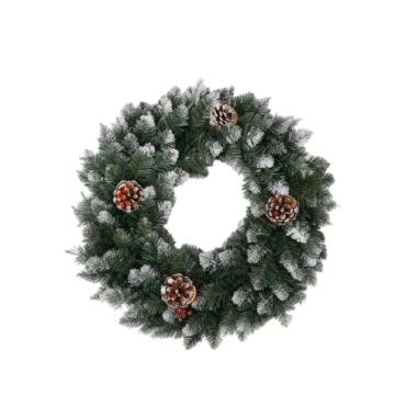 Ghirlanda natalizia tonda verde con pigne e punte innevate 50 cm