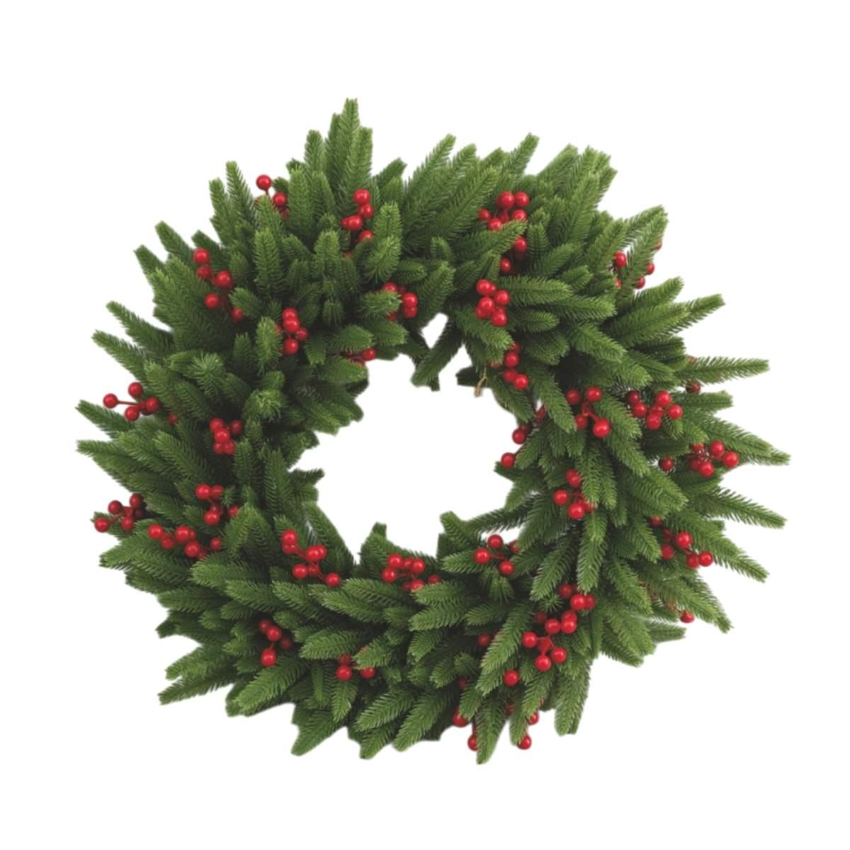 Ghirlanda natalizia tonda verde bacche rosse e pigne 60 cm