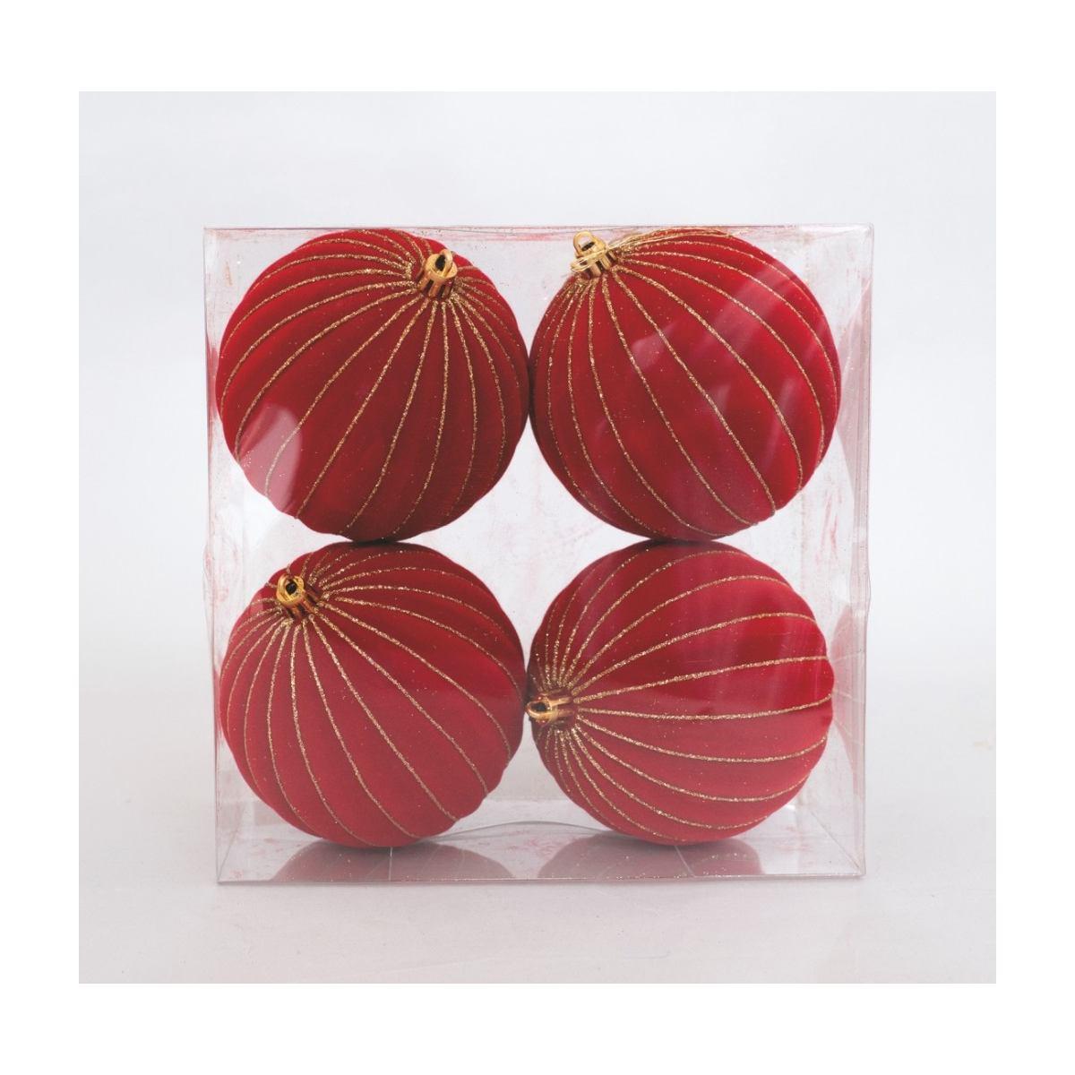 Pallina Ø 10 natalizia velluto rossa righe oro Set 4 pz