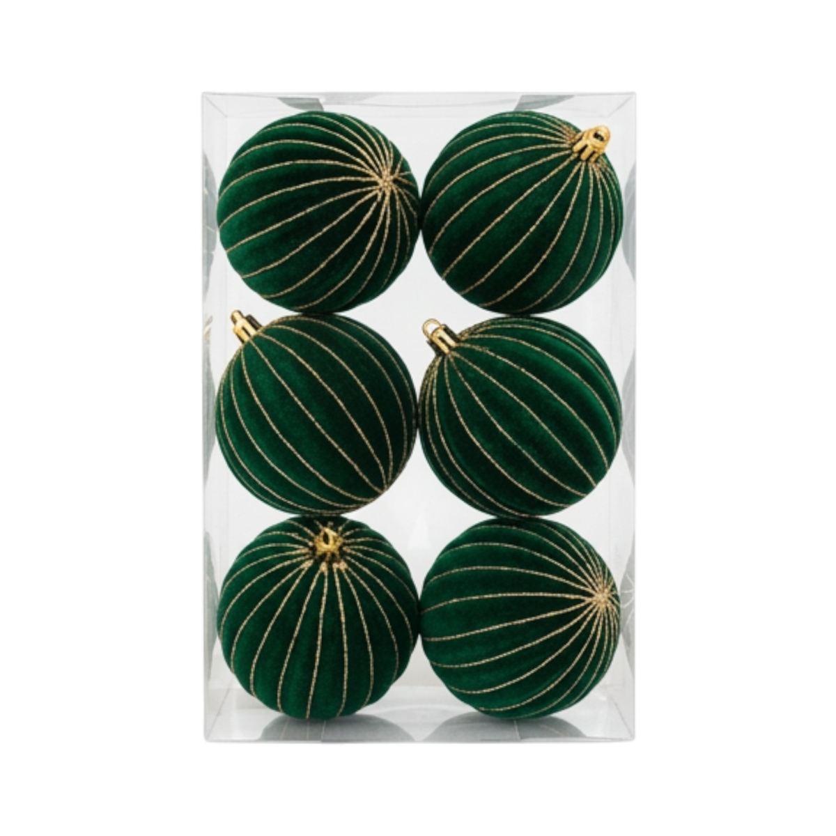 Pallina Ø 8 cm natalizia velluto verde foresta righe oro Set 6 pz