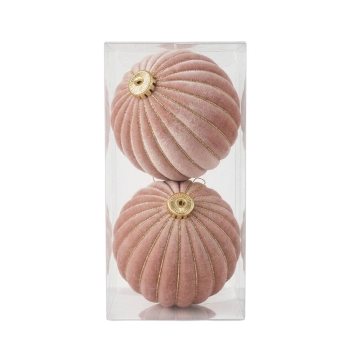 Pallina Ø 12 cm natalizia velluto marrone chiaro righe oro Set 2 pz