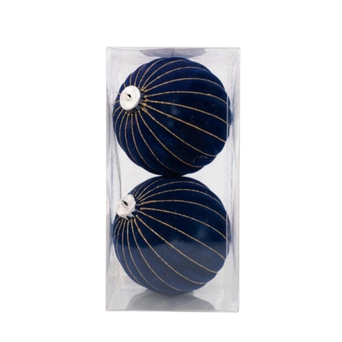 Pallina Ø 12 cm natalizia velluto blu righe oro Set 2 pz