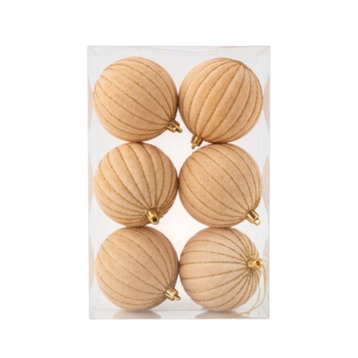 Pallina Ø 8 cm natalizia velluto beige righe oro Set 6 pz