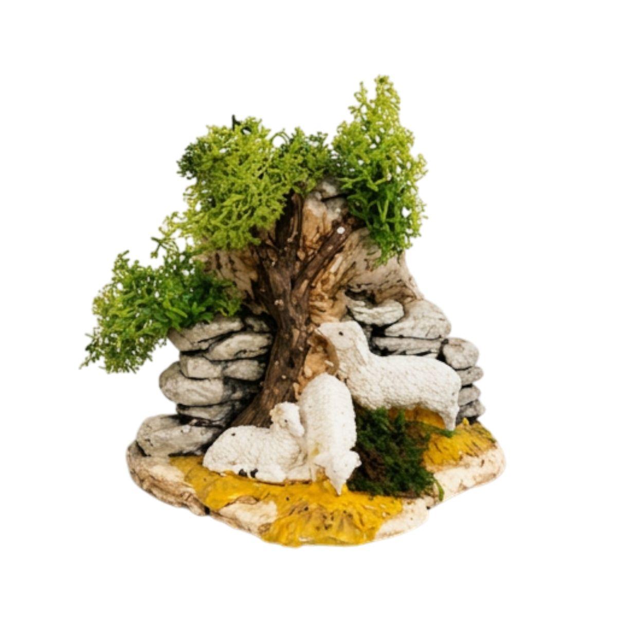 Ambientazione Euronatale in gesso con albero e pecore 14 x 8 x 11 cm