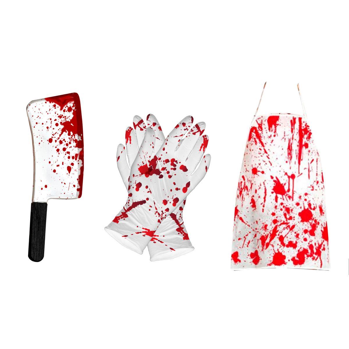 Grembiule bianco insanguinato guanti coltello Set 3 pz