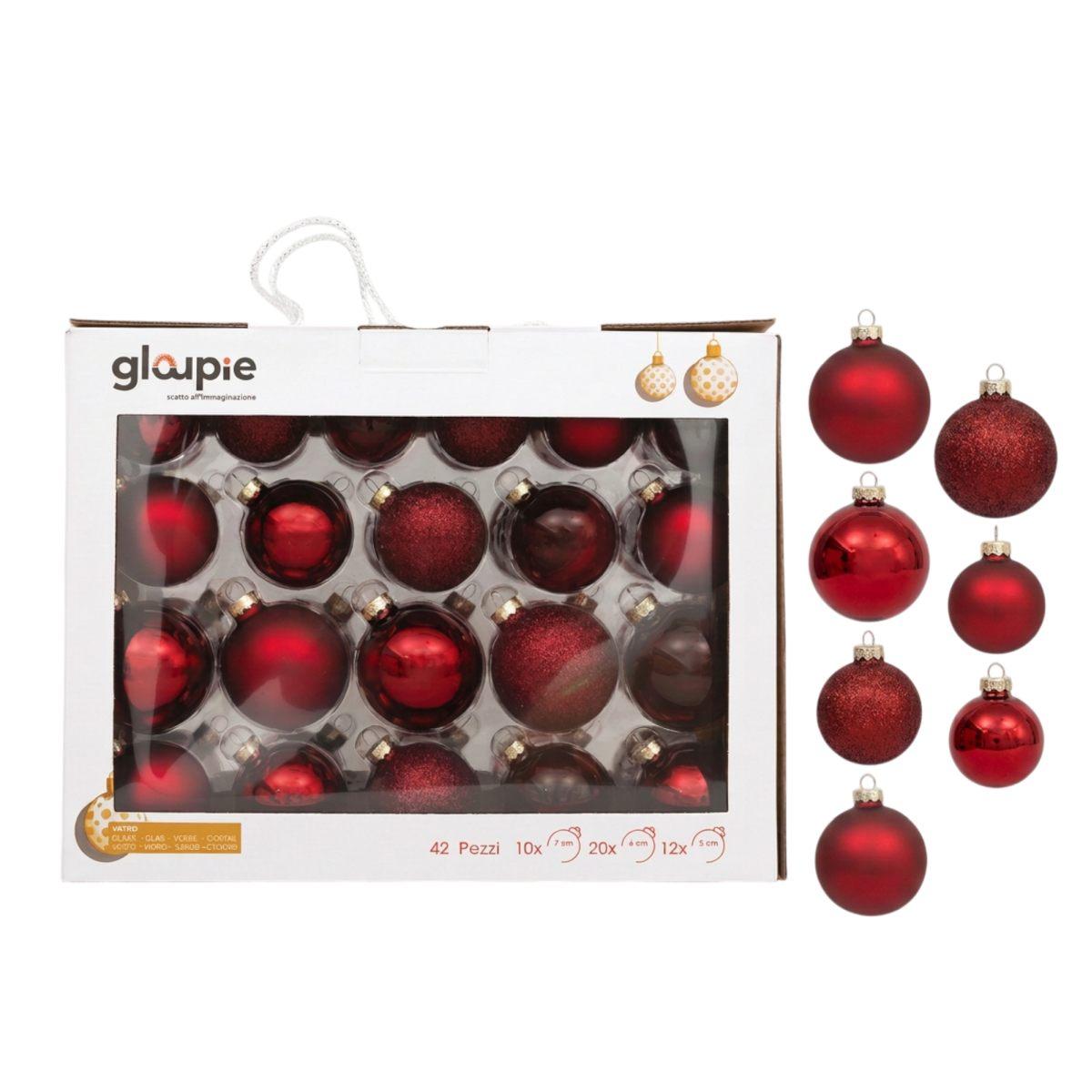 Pallina di Natale vetro rossa misure assortite Set 42 pz