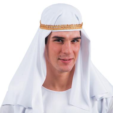 Cappello Turbante Arabo Tessuto Bianco con Fascia Oro