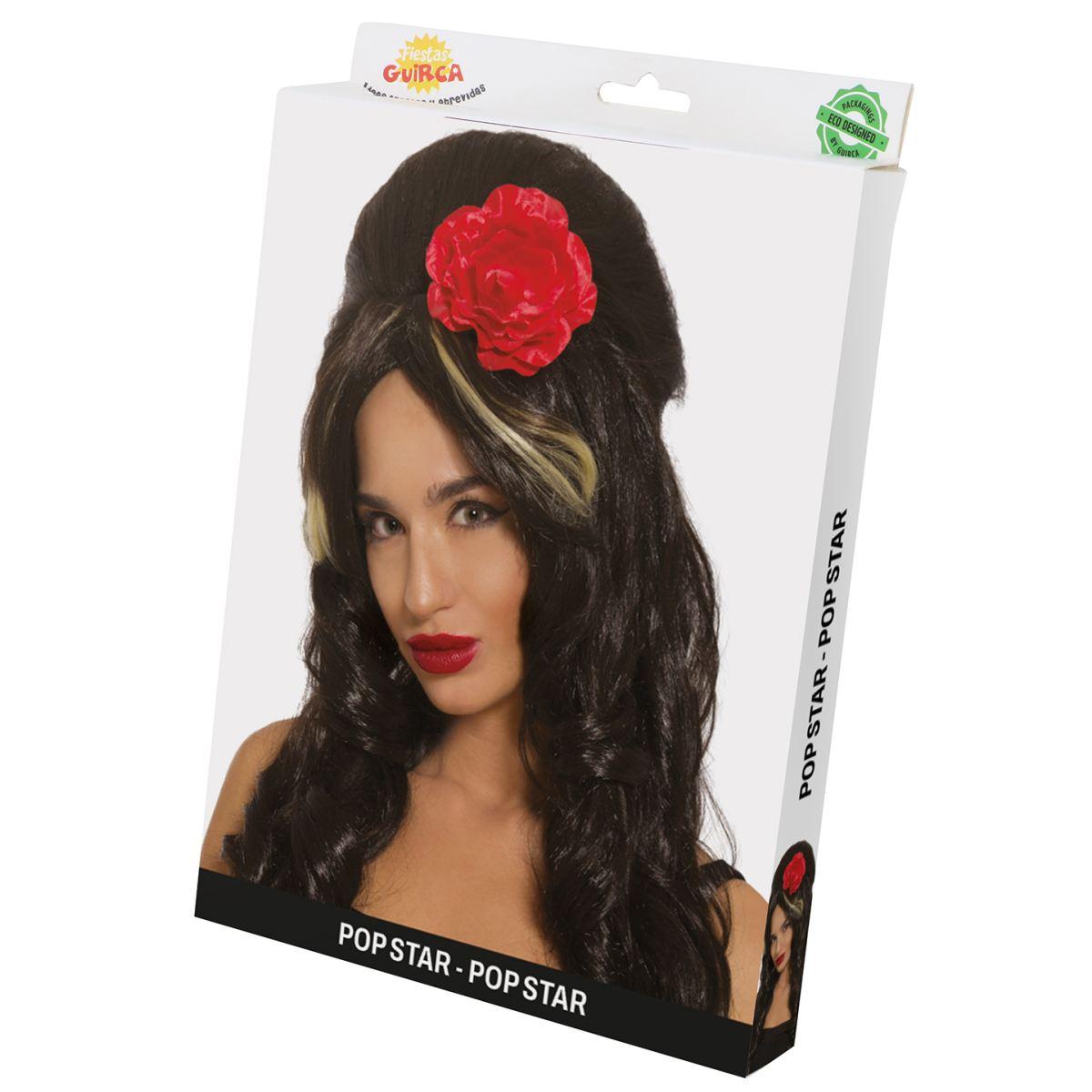 Parrucca nera pop star Amy con rosa rossa