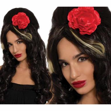 Parrucca nera pop star Amy con rosa rossa