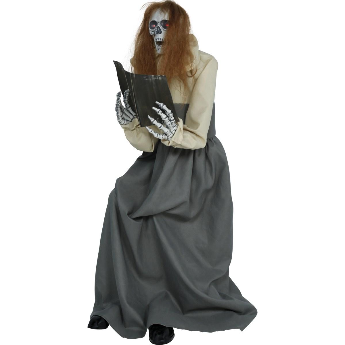 Donna zombie seduta con libro luci suono movimento 130 cm